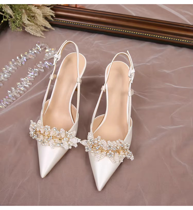 White Pearl Fashion Luxury Satin Bridal High Heels Pumps