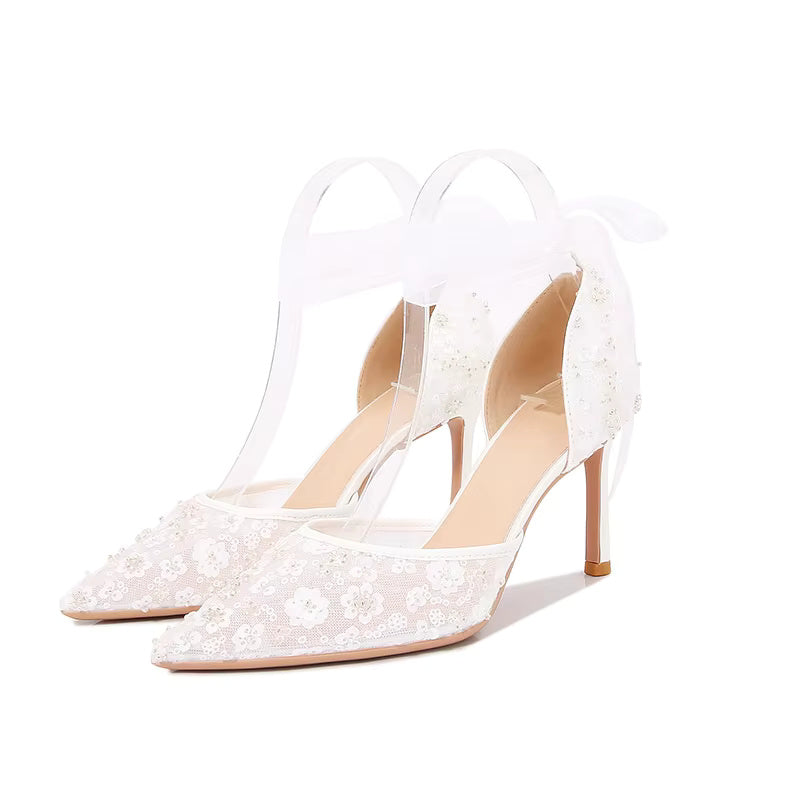Pointy Thin Heel Lace Hollow Bun Strap Fashion Mesh High Heels Bride Shoes Sandals