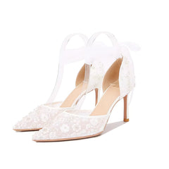 Pointy Thin Heel Lace Hollow Bun Strap Fashion Mesh High Heels Bride Shoes Sandals