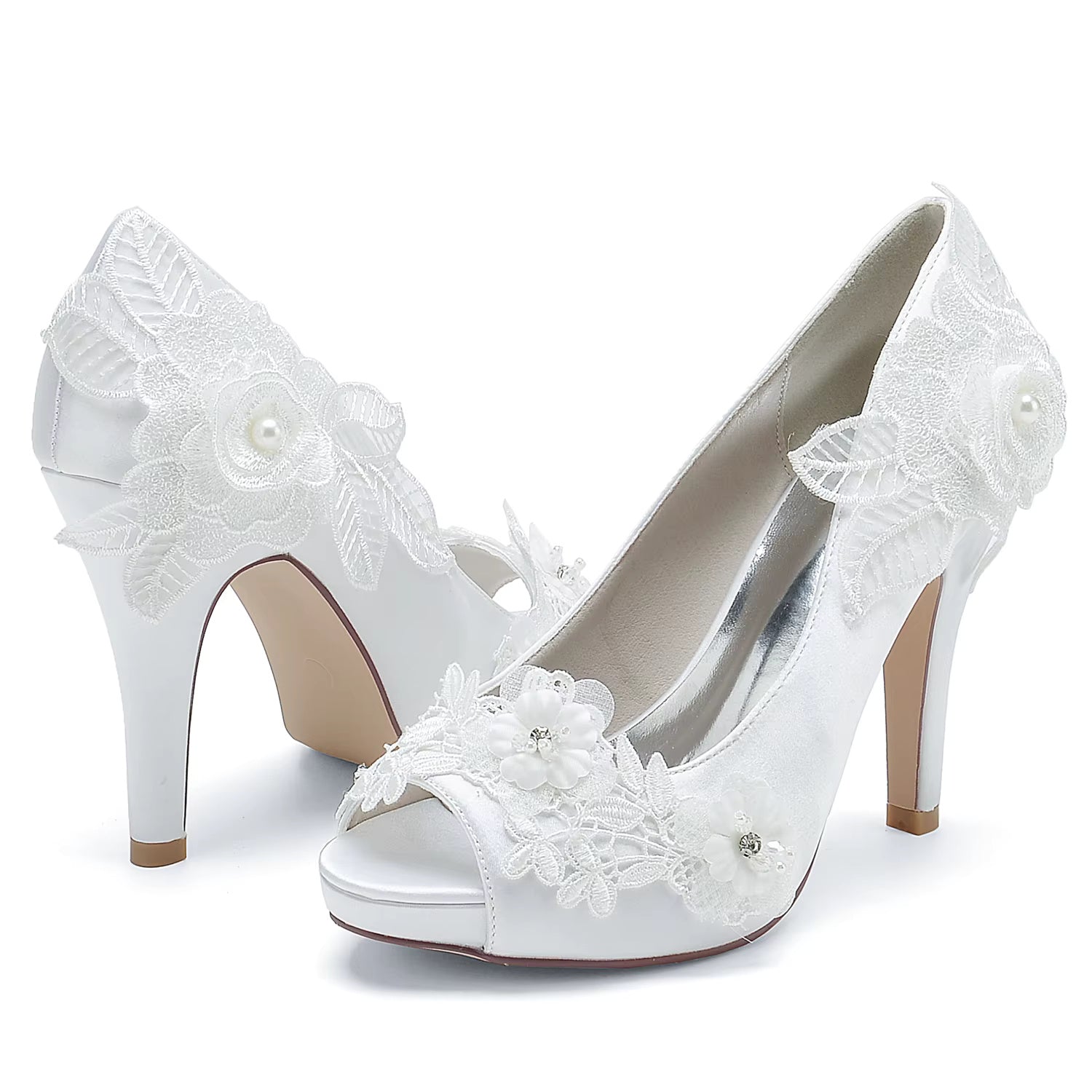 Lace Flowers Open Toe Sweet Prom Graduation Satin Wedding High Heels Shoes