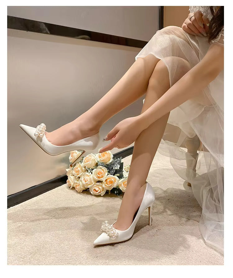Pearl Pattern French Satin Wedding Bridesmaid High Heels Shoes
