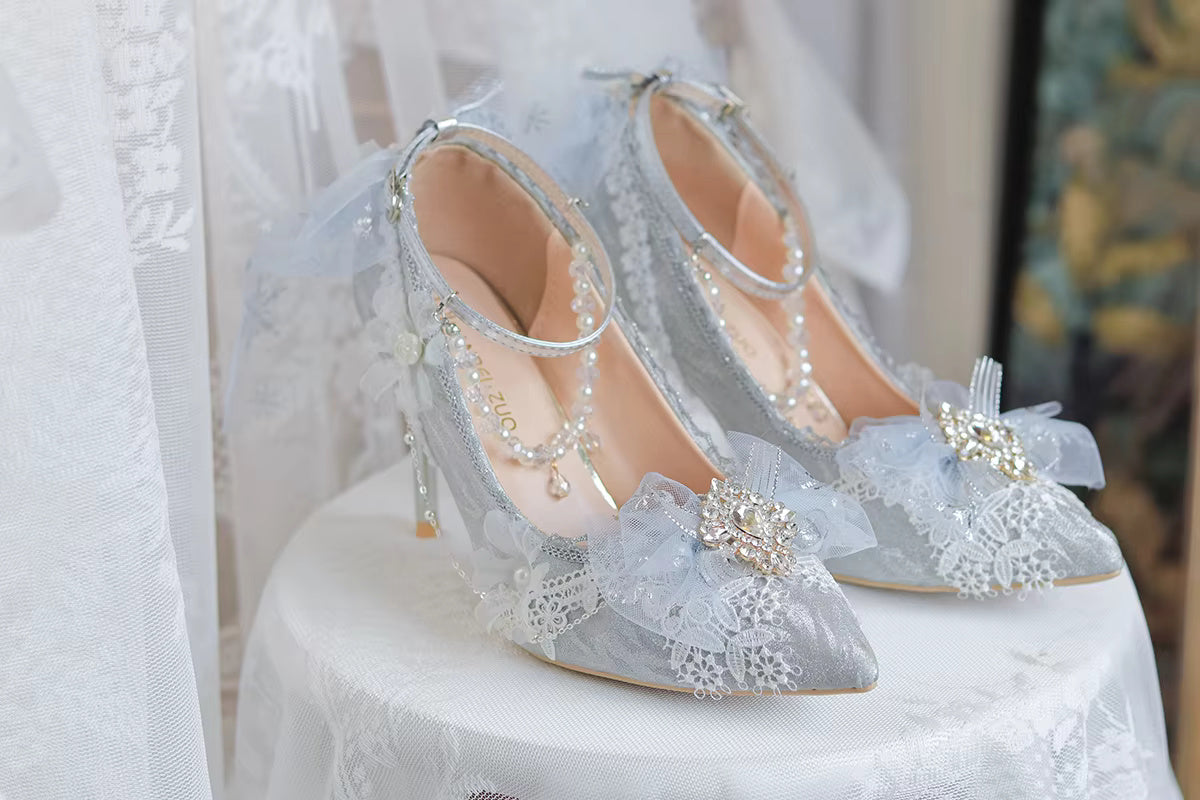 Elegant Lace Bowknot Pearls Gems Pattern Pointed High Heeled Wedding Sandals