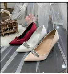 Thin Heel Pointed Toe Fashion Rhinestone Princess Pumps Satin Bridal Shoes
