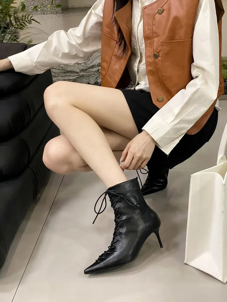 Elegant Pointed Toe T-tied Lace-up Thin High Heels Street Style Ankle Boots