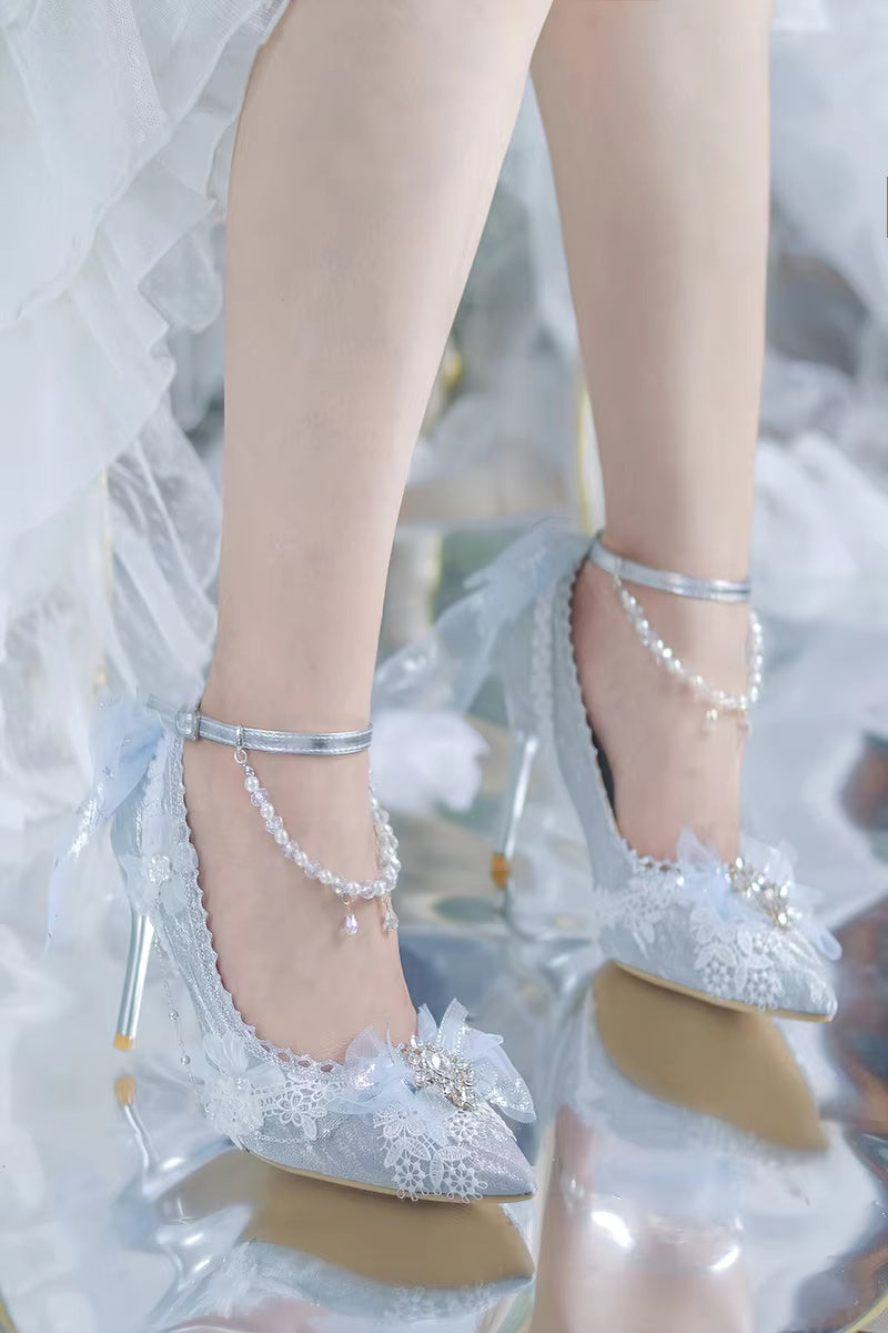 Elegant Lace Bowknot Pearls Gems Pattern Pointed High Heeled Wedding Sandals