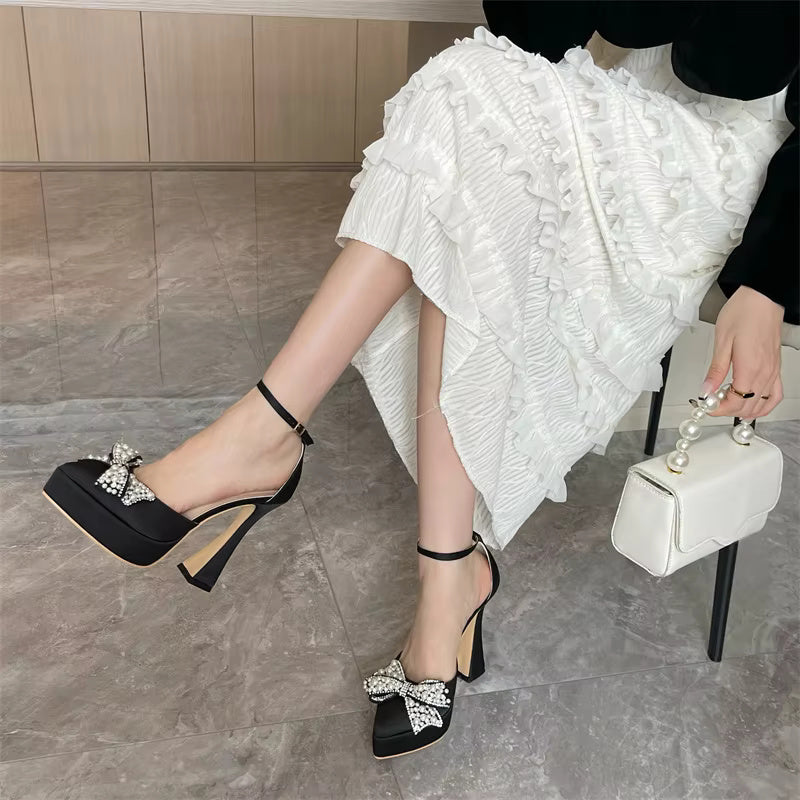 Thick Bottom Pointed Toe Platform Style Pearl Butterfly-Knot High Heels Sandals