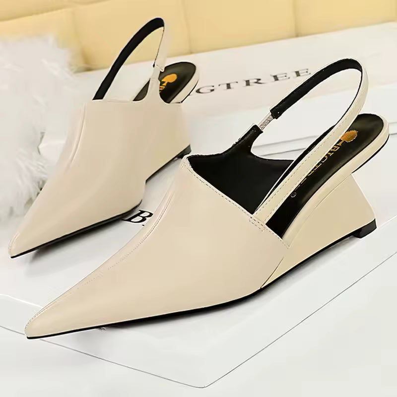 Designer Wedge Heels Shoes Hollow Back Strap Pointed Tip Pumps Sandals