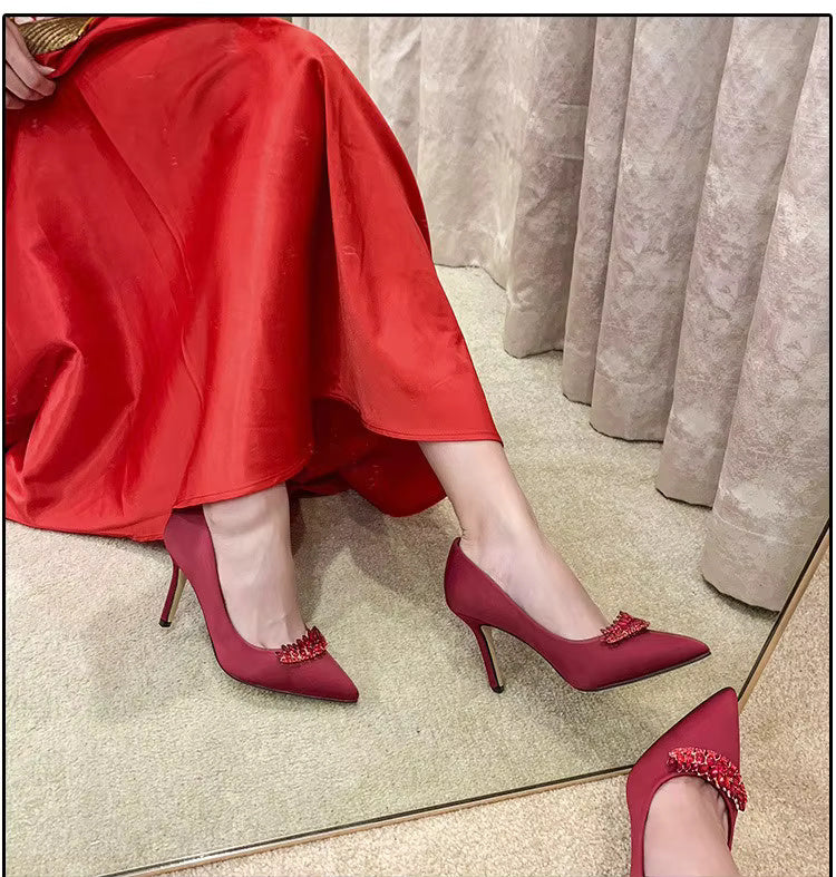 Thin Heel Pointed Toe Fashion Rhinestone Princess Pumps Satin Bridal Shoes