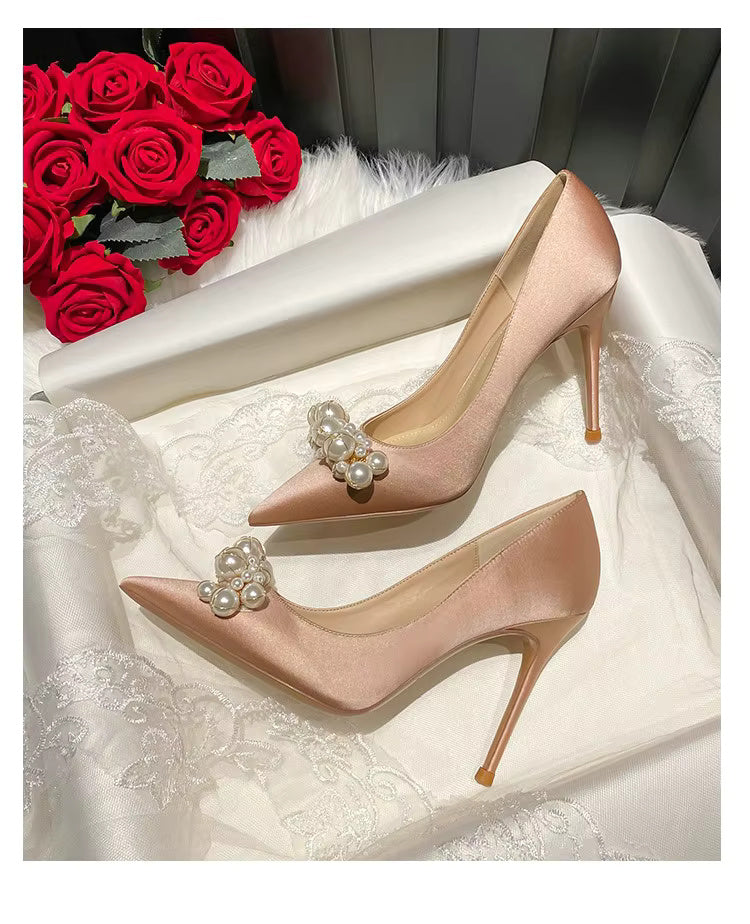 Pearl Pattern French Satin Wedding Bridesmaid High Heels Shoes