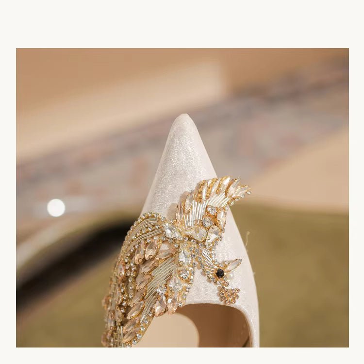 Pearl Bowknot Pattern Pointed Pearl Satin High Heel Sandals