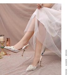 Pearl Fashion High Heels Lace Shoes Bridesmaid Shoes Pumps