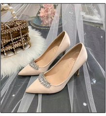 Thin Heel Pointed Toe Fashion Rhinestone Princess Pumps Satin Bridal Shoes