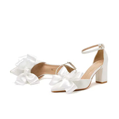 Leather Bow Knot Pointed Hollow Banquet Ball Thick  High Heel Wedding Shoes