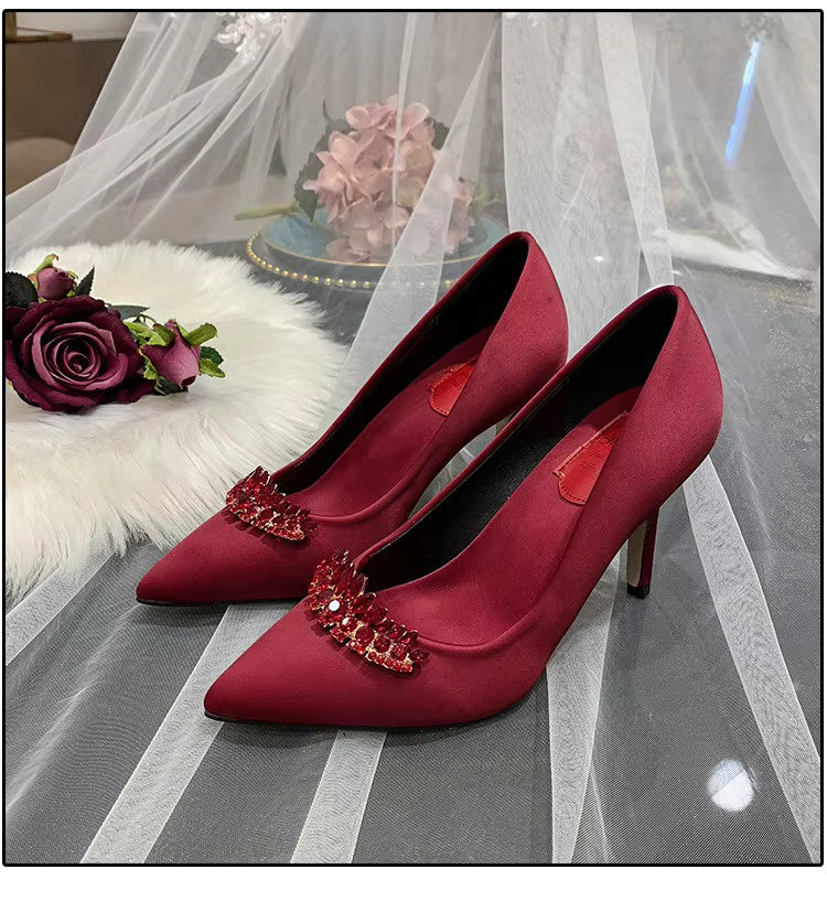Thin Heel Pointed Toe Fashion Rhinestone Princess Pumps Satin Bridal Shoes