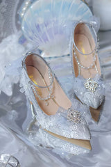 Elegant Lace Bowknot Pearls Gems Pattern Pointed High Heeled Wedding Sandals