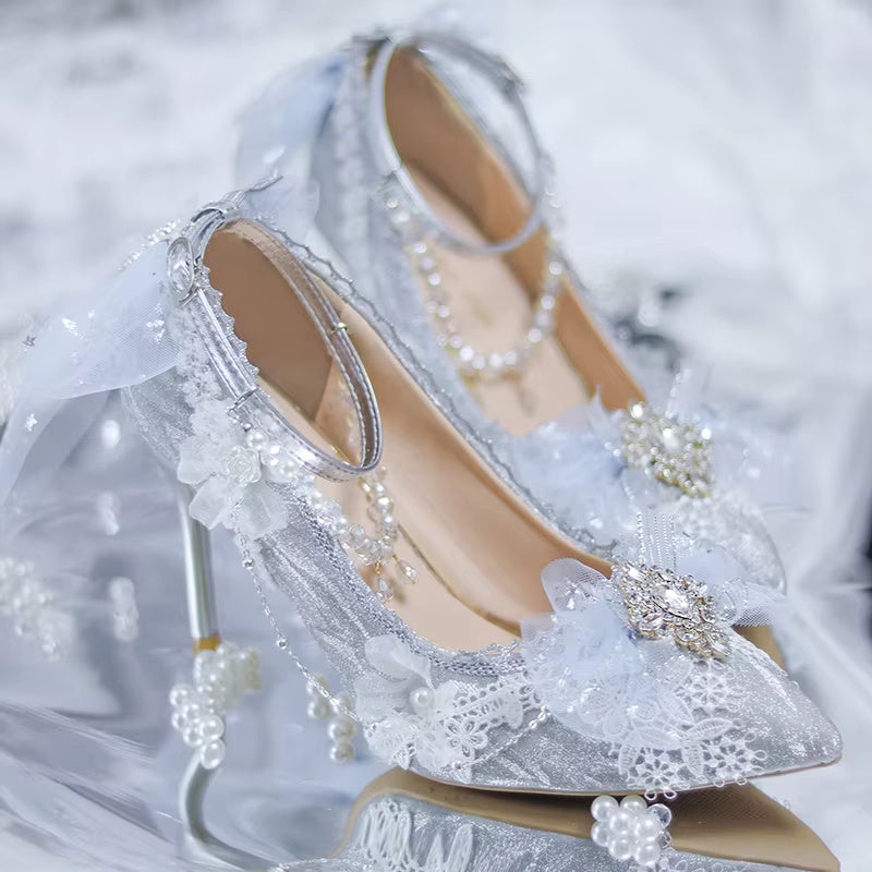 Elegant Lace Bowknot Pearls Gems Pattern Pointed High Heeled Wedding Sandals