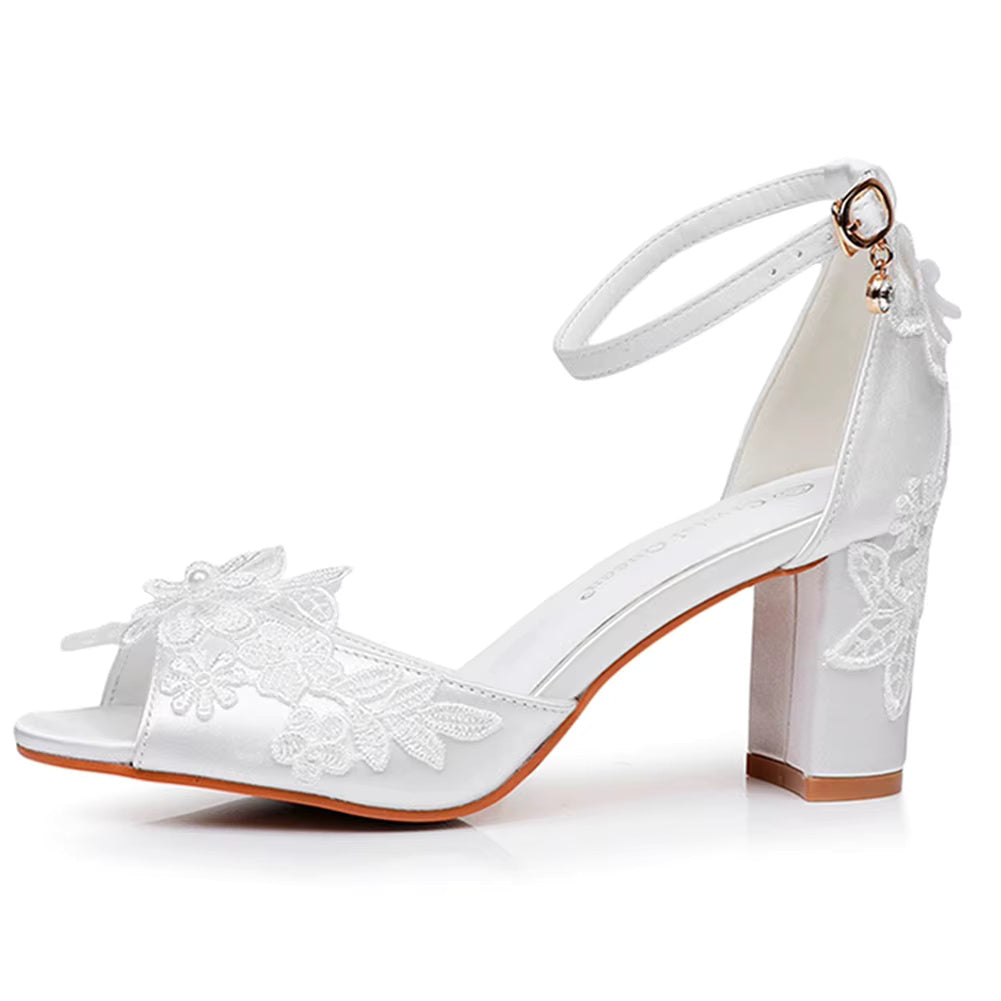 Crystal Flower Elegant Chunky High Heel Ankle Buckle White Lace Sandals