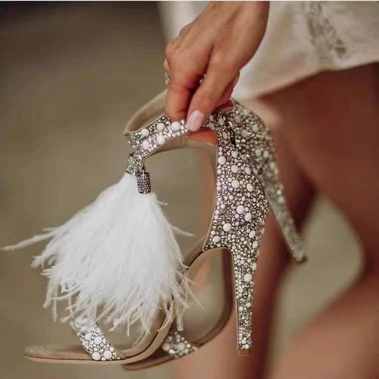 Crystal Rhinestone Feather Tassel High Heels Stiletto Bridal Sandal