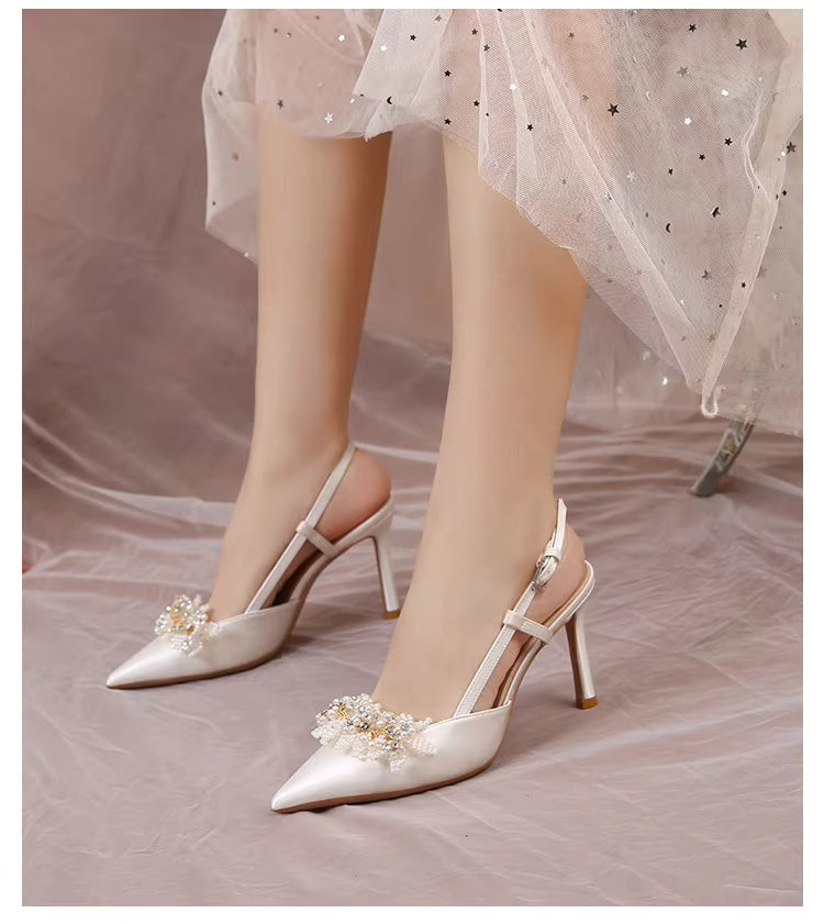 White Pearl Fashion Luxury Satin Bridal High Heels Pumps