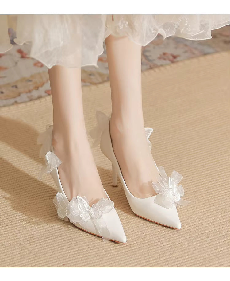 Butterfly Fashion Satin Pointed Pearl Bowknot Bridesmaid High Heel Sandals