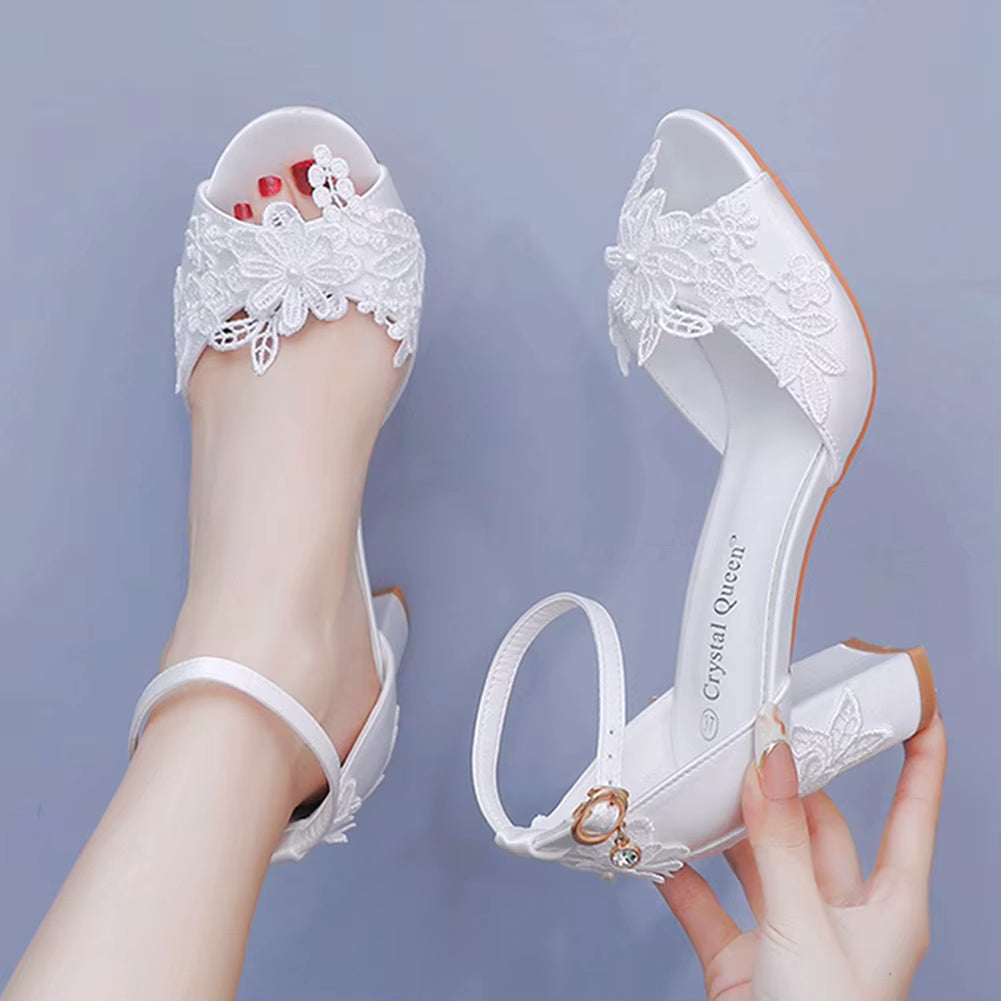 Crystal Flower Elegant Chunky High Heel Ankle Buckle White Lace Sandals