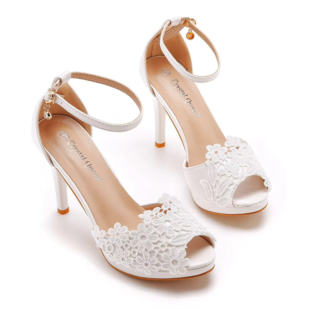 Crystal Pattern White Lace Toe High Heels Queen Party Sandals