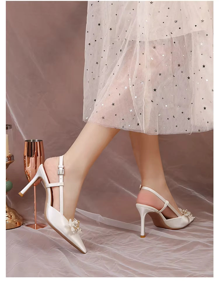 White Pearl Fashion Luxury Satin Bridal High Heels Pumps