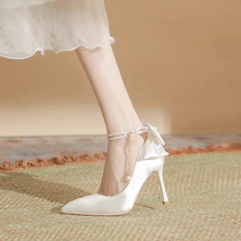 Pearls Buckle Belt Satin Fabric Bow  High Heel Point Toe Wedding Shoes