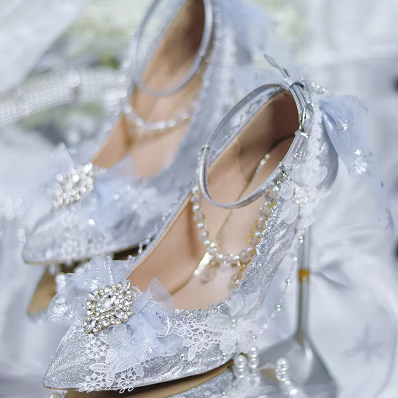 Elegant Lace Bowknot Pearls Gems Pattern Pointed High Heeled Wedding Sandals
