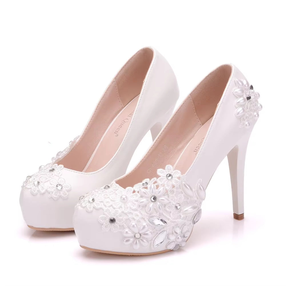 Rhinestone Flower Fashion Thin High Heels Slip on Wedding Shoes