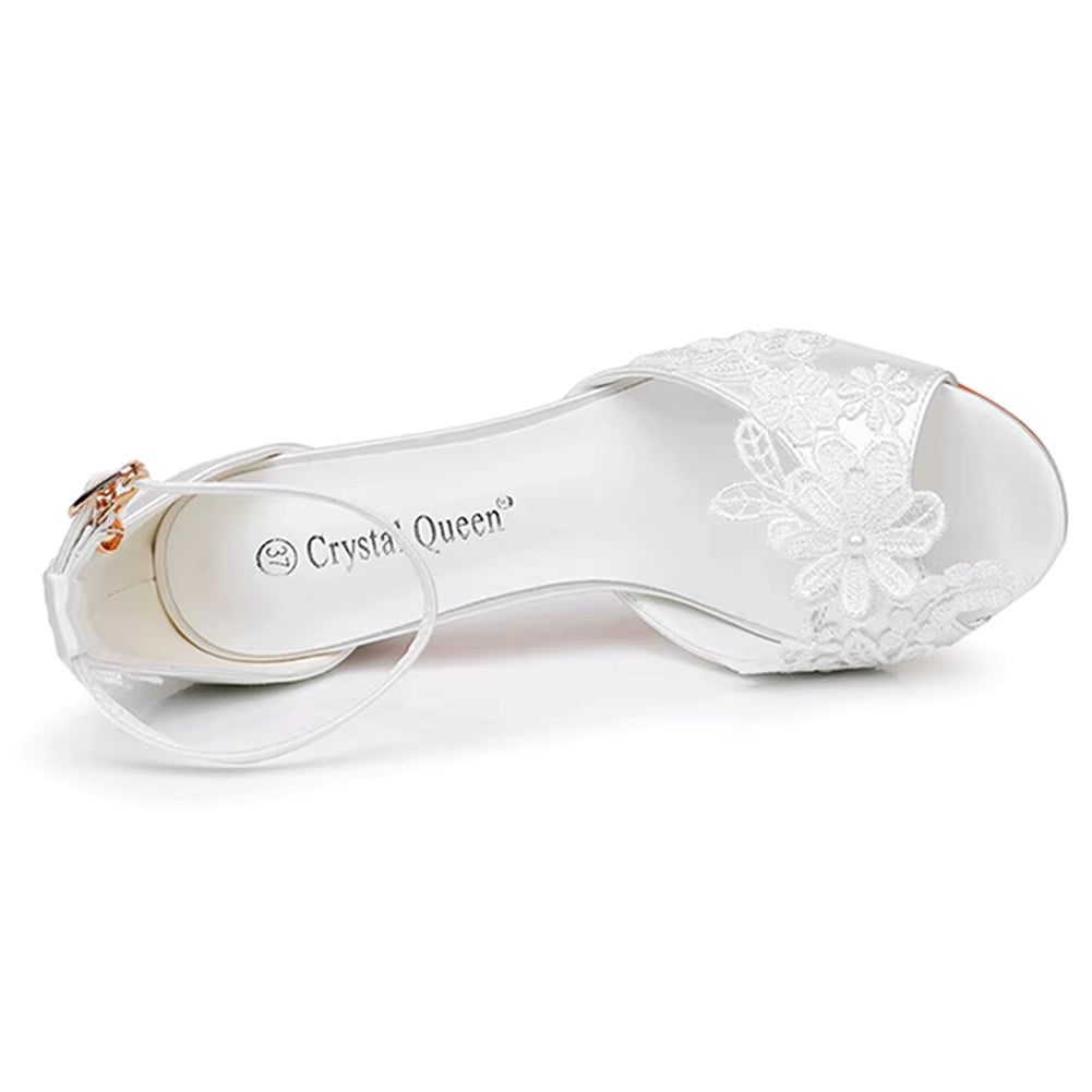 Crystal Flower Elegant Chunky High Heel Ankle Buckle White Lace Sandals