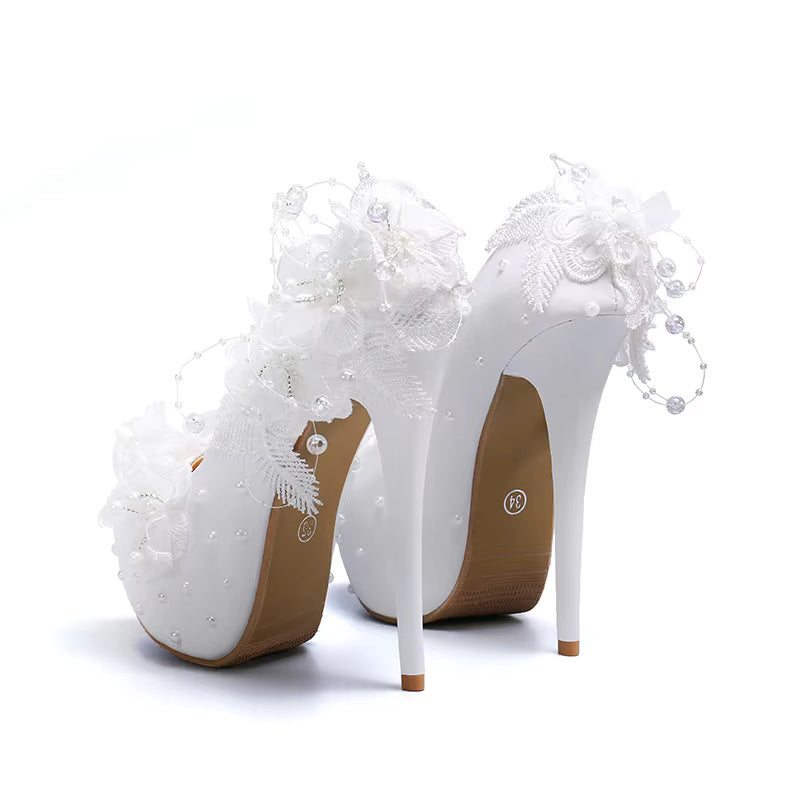 Shallow String Bead Fashion Flower Pearl Lace Thin Heels Wedding Shoes