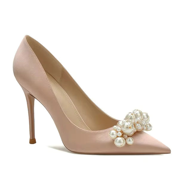 Pearl Pattern French Satin Wedding Bridesmaid High Heels Shoes