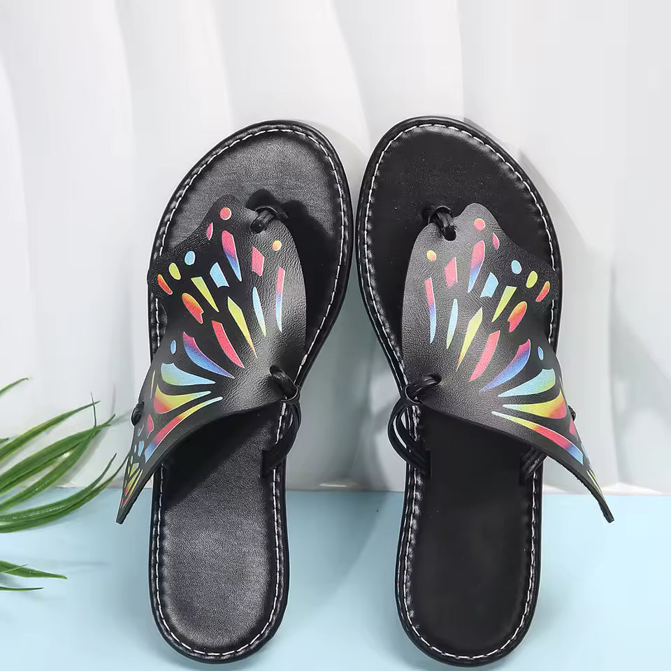 Casual Butterfly Graffiti Lightweight Anti Slip Flat Bottom Flip Flops Outdoor Beach Slippers