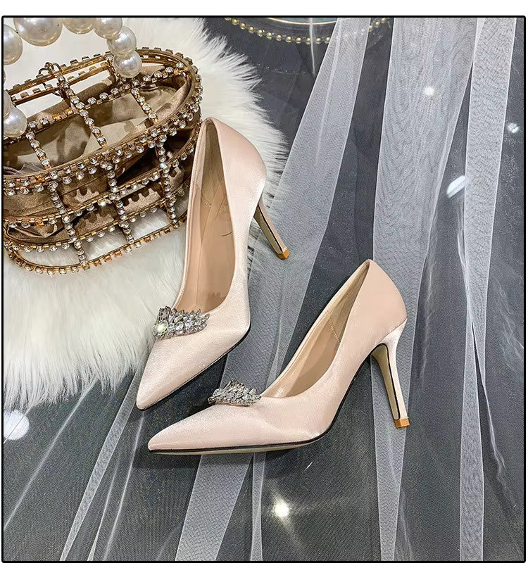 Thin Heel Pointed Toe Fashion Rhinestone Princess Pumps Satin Bridal Shoes