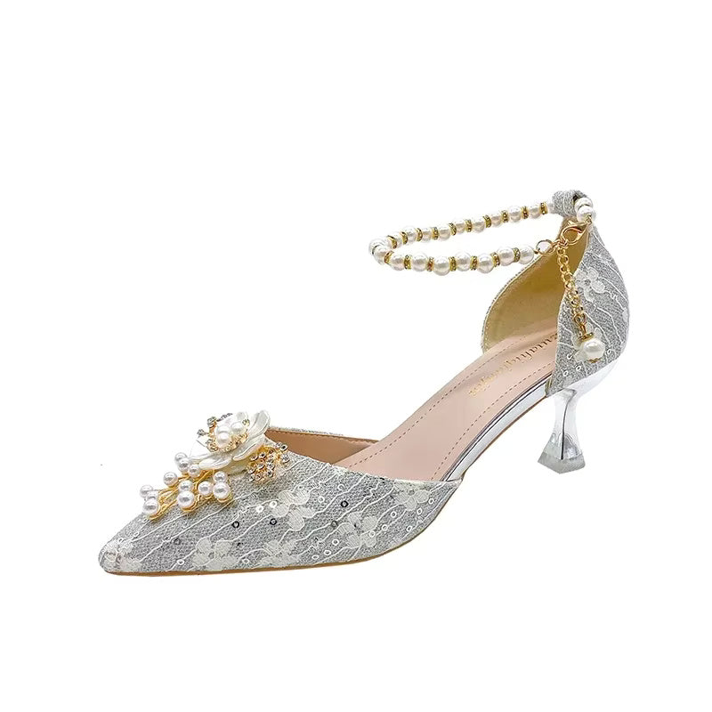 Rhinestone Pattern Lace Beaded Tassel Fashion Bridal Sandals