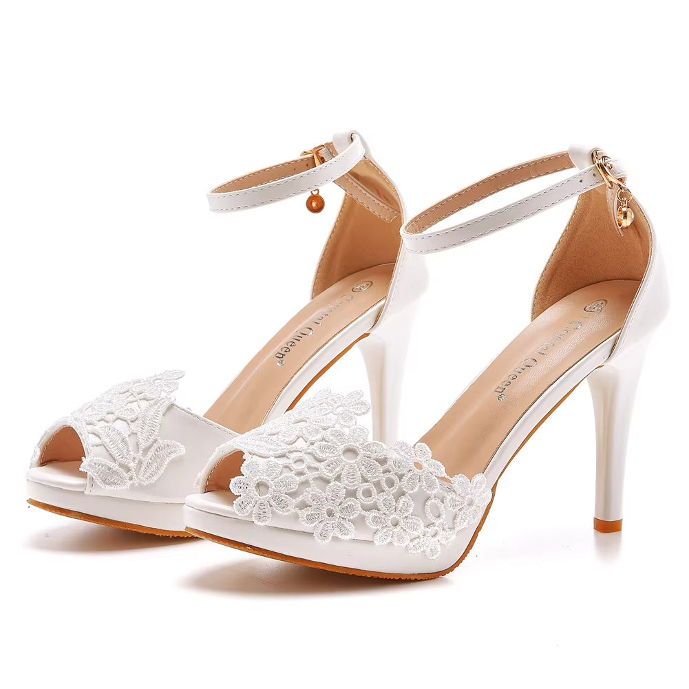 Crystal Pattern White Lace Toe High Heels Queen Party Sandals