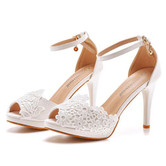 Crystal Pattern White Lace Toe High Heels Queen Party Sandals