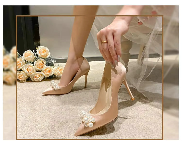 Pearl Pattern French Satin Wedding Bridesmaid High Heels Shoes