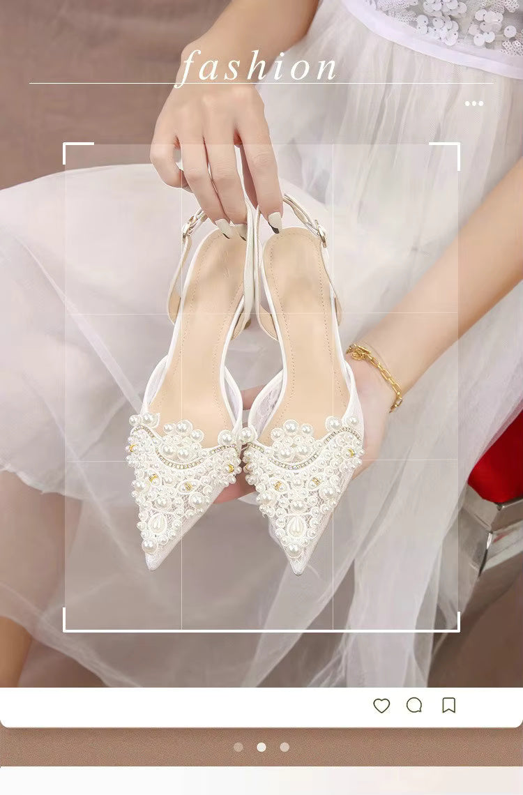 Pearl Fashion High Heels Lace Shoes Bridesmaid Shoes Pumps