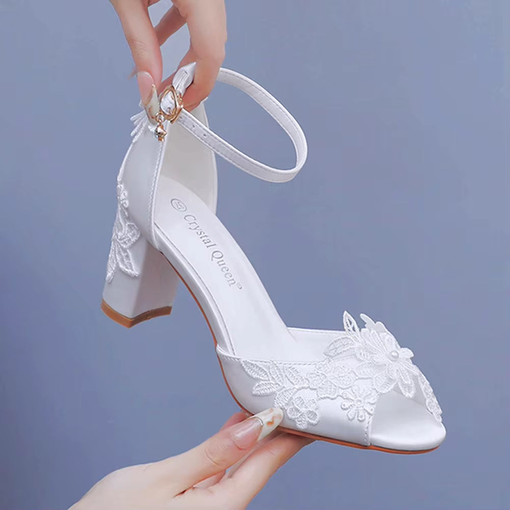 Crystal Flower Elegant Chunky High Heel Ankle Buckle White Lace Sandals