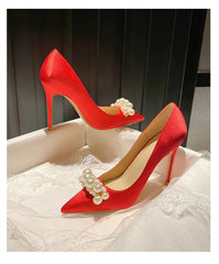 Pearl Pattern French Satin Wedding Bridesmaid High Heels Shoes