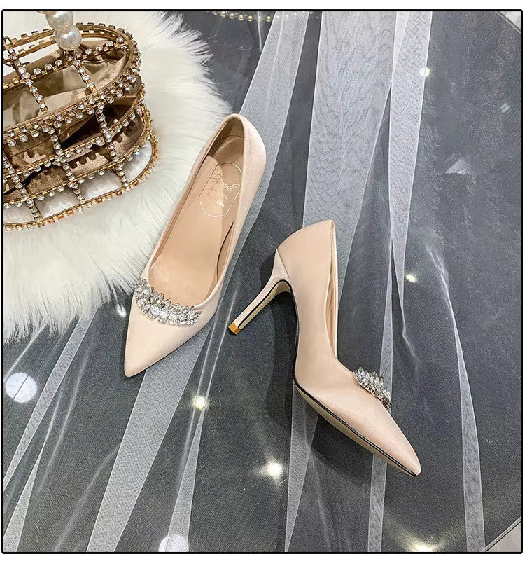Thin Heel Pointed Toe Fashion Rhinestone Princess Pumps Satin Bridal Shoes