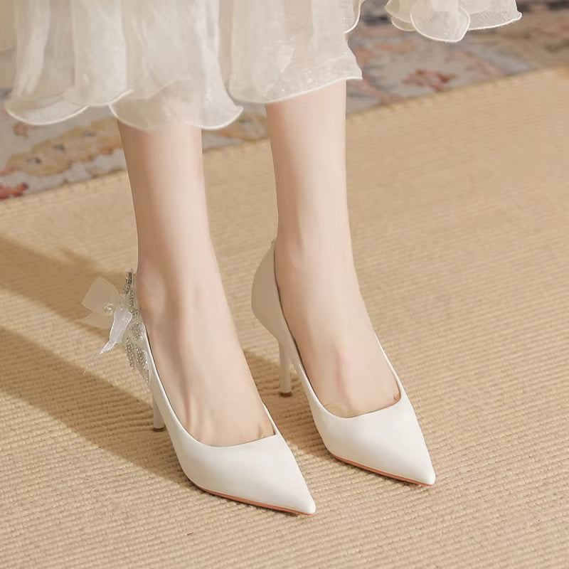 Pointed Pearl Bowknot Fashion Satin Wedding Bridesmaid Single Shoes