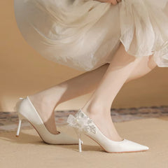 Pointed Pearl Bowknot Fashion Satin Wedding Bridesmaid Single Shoes