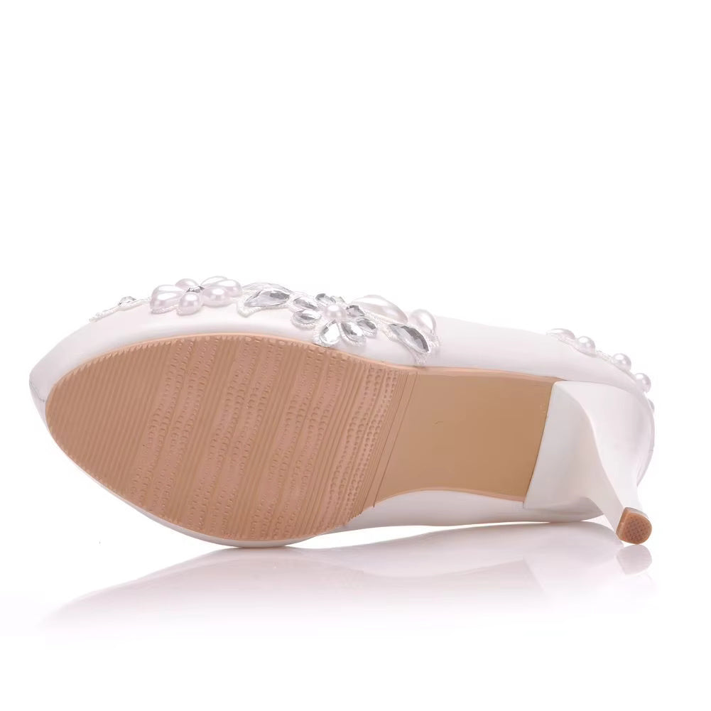 Rhinestone Flower Fashion Thin High Heels Slip on Wedding Shoes