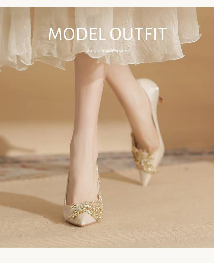 Pearl Bowknot Pattern Pointed Pearl Satin High Heel Sandals