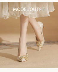 Pearl Bowknot Pattern Pointed Pearl Satin High Heel Sandals