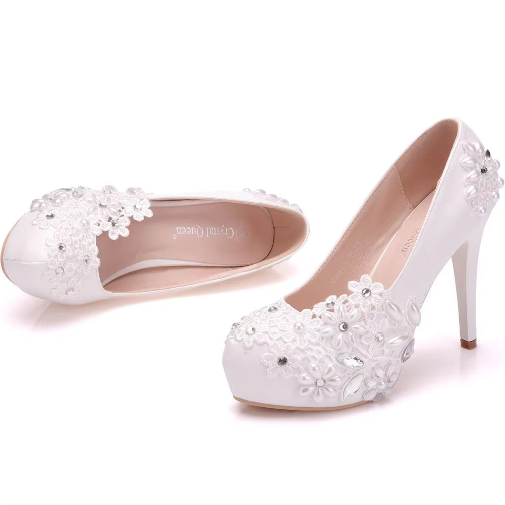 Rhinestone Flower Fashion Thin High Heels Slip on Wedding Shoes