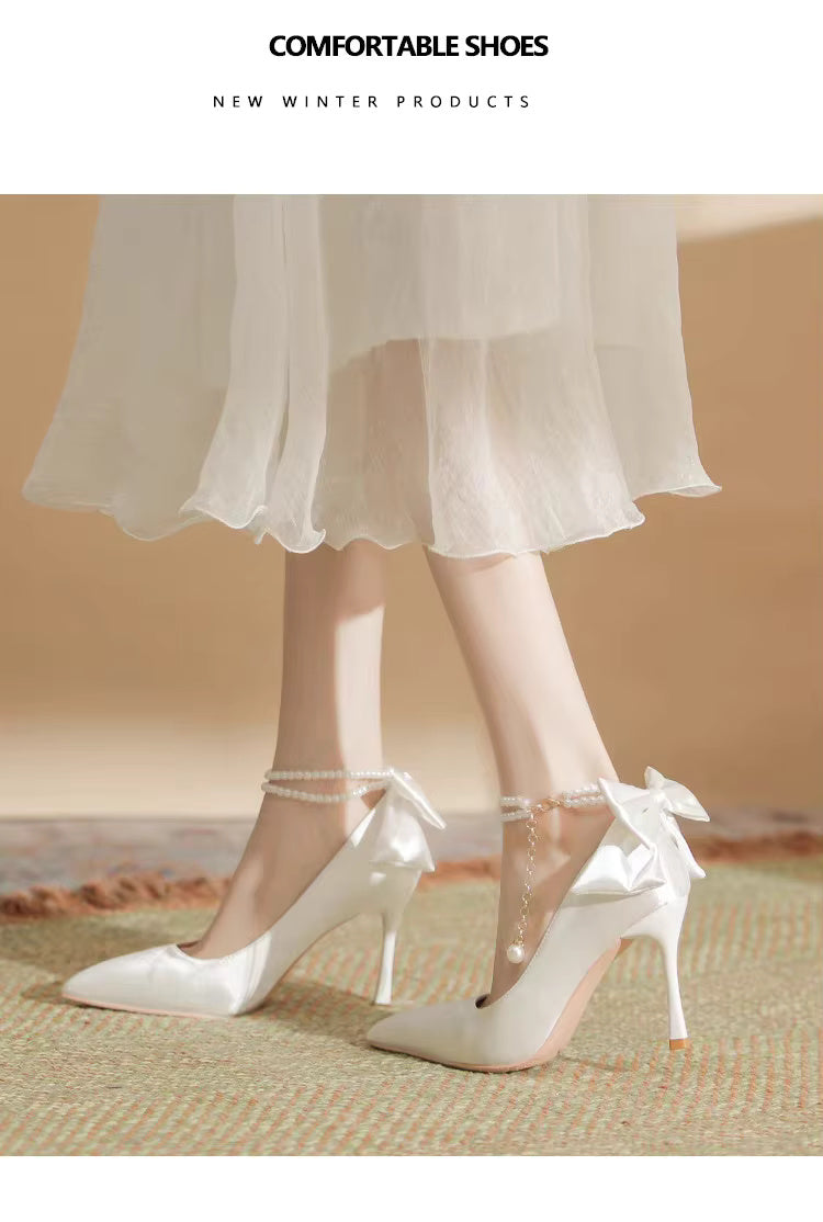 Pearls Buckle Belt Satin Fabric Bow  High Heel Point Toe Wedding Shoes